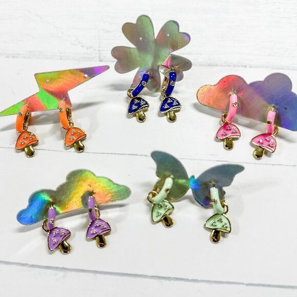 Gold Plated Rainbow Colored Enamel Mushroom Capped Huggie Hoop Festival Earrings - Picture 9 of 13